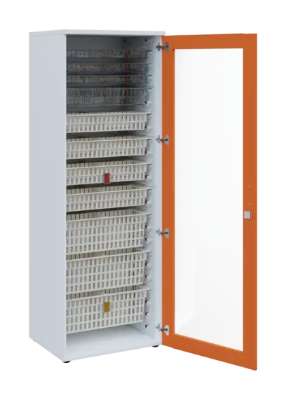 EUROMEDICA S - 66 skříň léková boxová, 1-dveřová/prosklená, pravá, 1950x660x535, korpus bílý, dvířka mandarinka